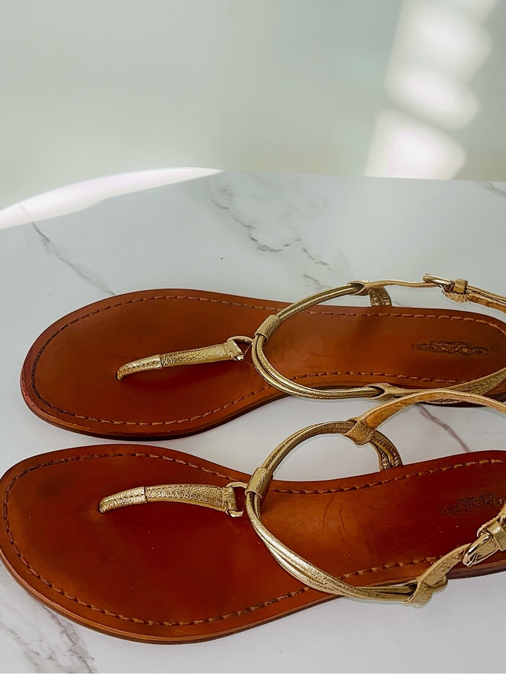 Coach Gold Leather T-Strap Sandals with Brown Footbed - Picture 2 of 9